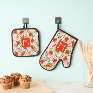 Monogrammed Summer Watermelon Fruit Pattern Oven Mitt & Pot Holder Set