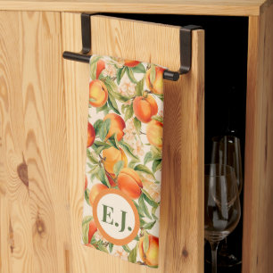 Monogrammed Summertime Peaches, Peach Themed Tea Towel
