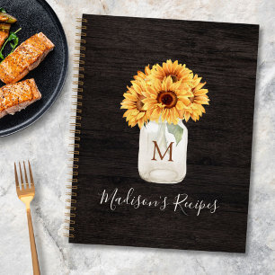 Monogrammed Sunflower Mason Jar Black Wood Recipe Notebook