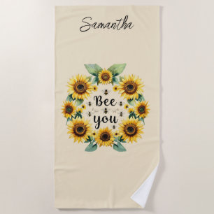 Monogrammed Sunflowers Bees Bee You Yellow Beach Towel