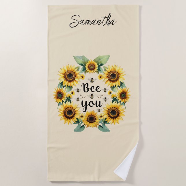 Monogrammed Sunflowers Bees Bee You Yellow  Beach Towel (Front)