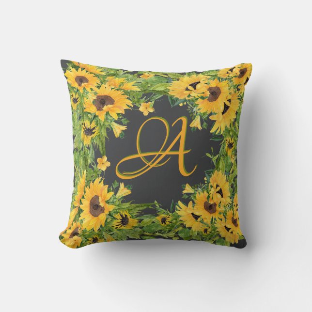 Monogrammed Sunflowers Grey Yellow Rustic Decor Cushion (Front)