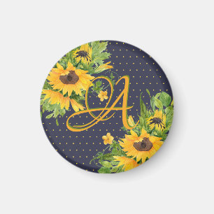 Monogrammed Sunflowers Navy Blue Yellow Decor Magnet