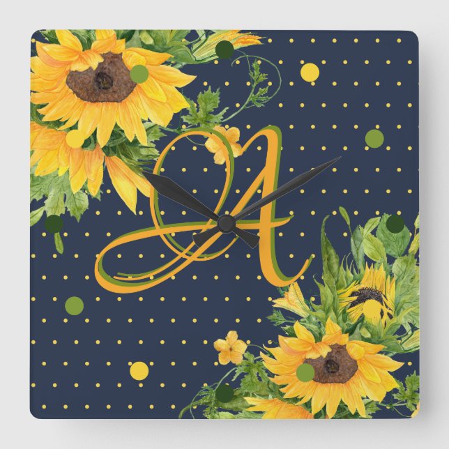 Monogrammed Sunflowers Navy Blue Yellow Decor Square Wall Clock (Front)