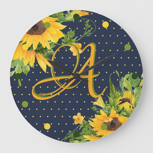 Monogrammed Sunflowers Navy Blue Yellow Modern Large Clock (Front)