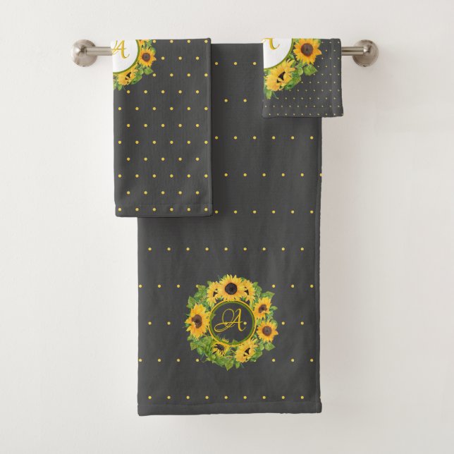 Monogrammed Sunflowers Polkadots Yellow Dark Grey Bath Towel Set (Insitu)