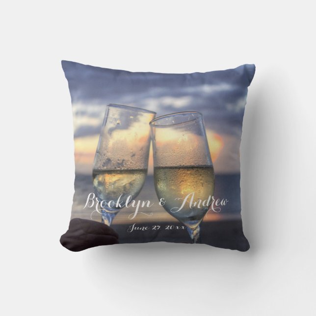 Monogrammed Sunset On Beach Wedding Pillows (Front)