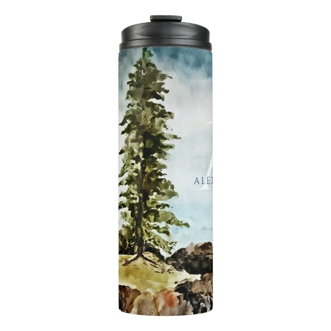 Monogrammed Tahoe Lake Watercolor Landscape Thermal Tumbler (Front)