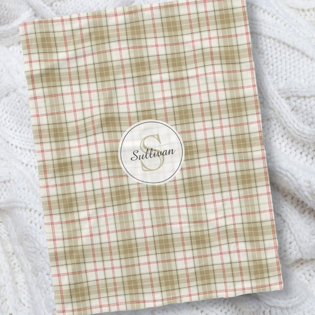 Monogrammed Tan and Red Plaid Rustic Pattern Cosy Fleece Blanket (Creator Uploaded)