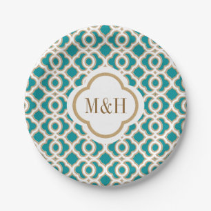 Monogrammed Teal and Gold Moroccan Wedding Paper Plate