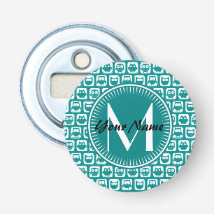 Monogrammed Teal and White Owls Bottle Opener