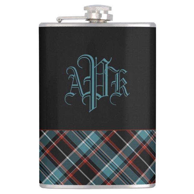 Monogrammed Teal, Black & Red Plaid Hip Flask (Front)