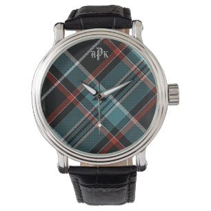 Monogrammed Teal, Black & Red Plaid Watch