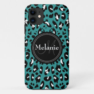 Monogrammed Teal Black White Leopard Pattern Case-Mate iPhone Case