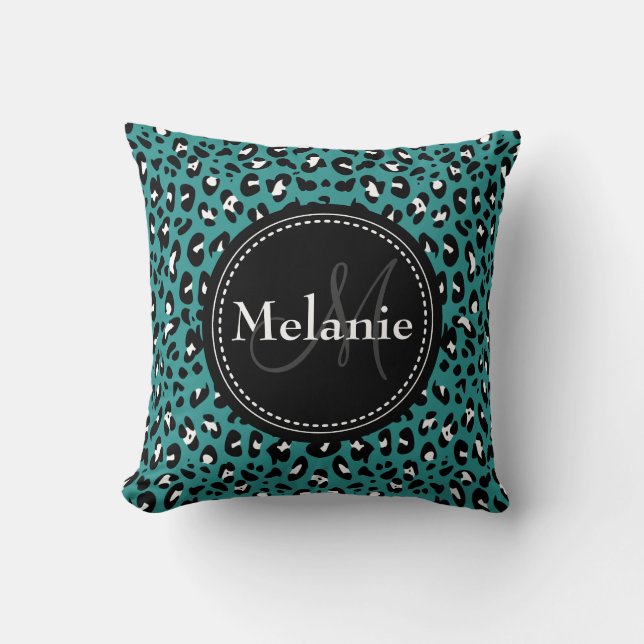 Monogrammed Teal Black White Leopard Pattern Cushion (Front)