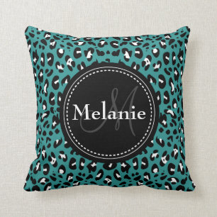 Monogrammed Teal Black White Leopard Pattern Cushion