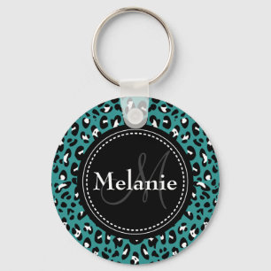 Monogrammed Teal Black White Leopard Pattern Key Ring
