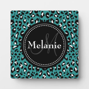 Monogrammed Teal Black White Leopard Pattern Plaque