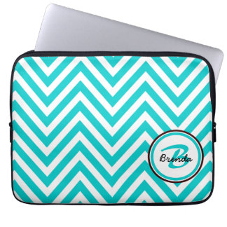 MONOGRAMMED TEAL BLUE CHEVRON PATTERN LAPTOP SLEEVE