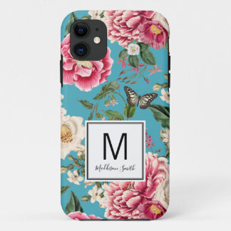 Monogrammed Teal Blue Floral Pattern Case-Mate iPhone Case