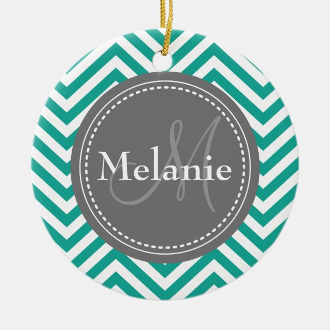 Monogrammed Teal Blue & Grey Zigzag Ceramic Tree Decoration (Front)