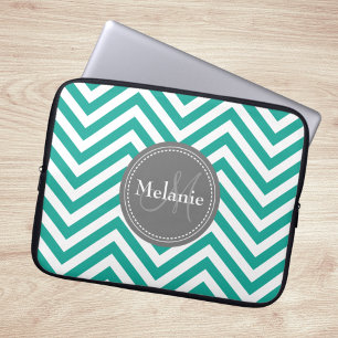 Monogrammed Teal Blue & Grey Zigzag Laptop Sleeve