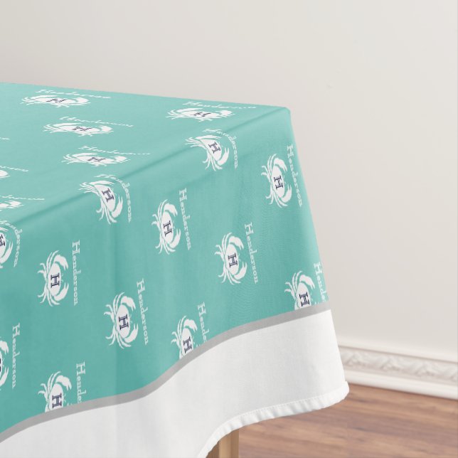 Monogrammed Teal Blue White Crab Nautical Tablecloth (In Situ)