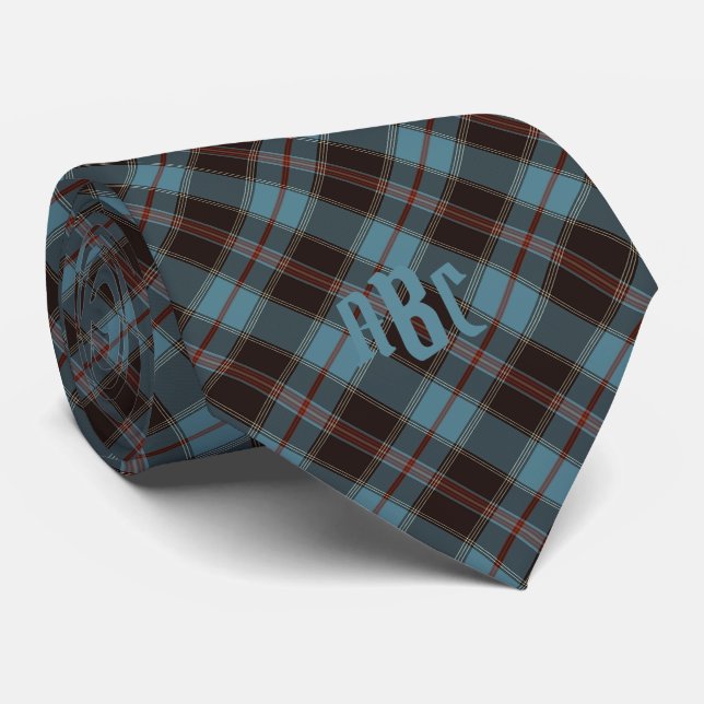 Monogrammed Teal, Brown & Red Plaid Tie (Rolled)