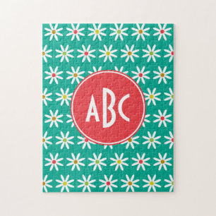 Monogrammed Teal Daisy Dots Jigsaw Puzzle