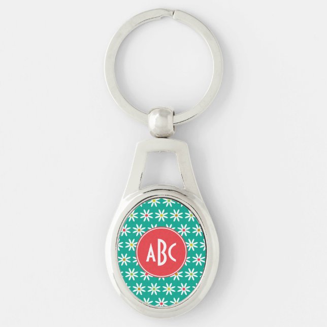 Monogrammed Teal Daisy Dots Key Ring (Front)