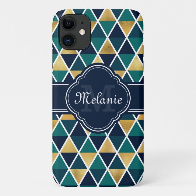 Monogrammed Teal Gold Geometric Triangle Pattern Case-Mate iPhone Case (Back)