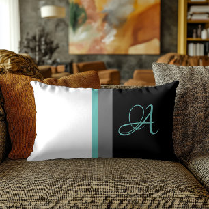 Monogrammed Teal Grey Black Striped Lumbar Cushion