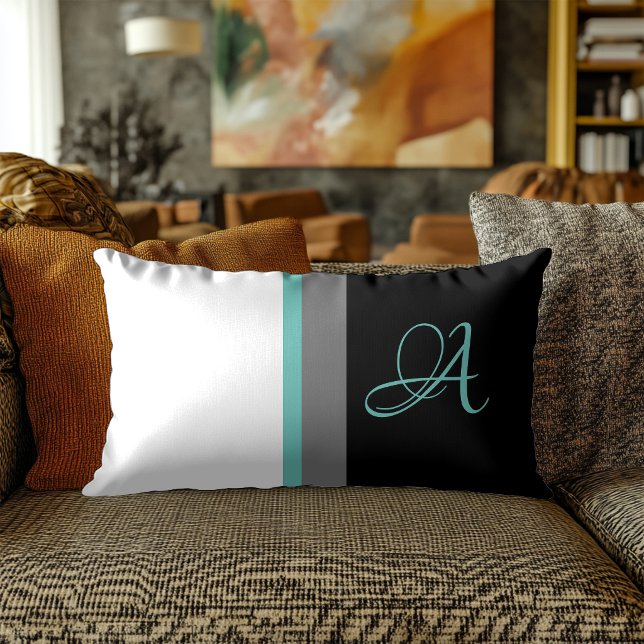 Monogrammed Teal Grey Black Striped Lumbar Cushion (Creator Uploaded)