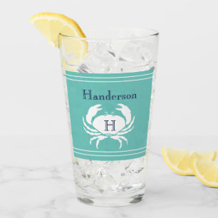 Monogrammed Teal Navy Blue White Crab Nautical Glass