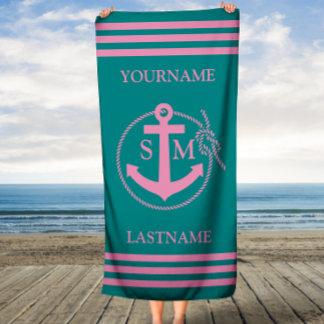 Monogrammed Teal Pink Nautical Anchor Beach Towel