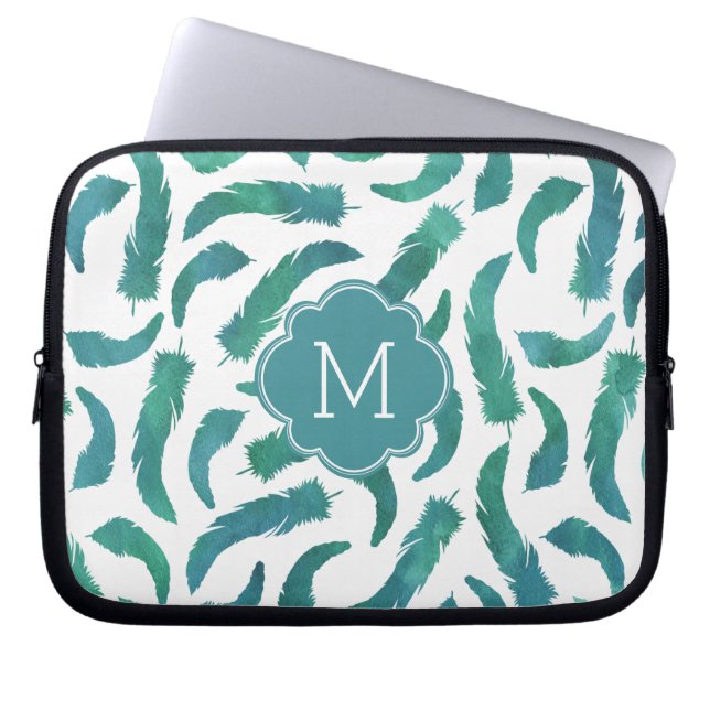 Monogrammed Teal Watercolor Feathers Pattern Laptop Sleeve (Front)