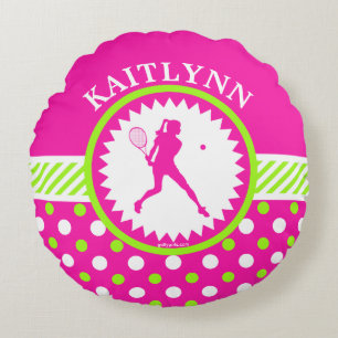 Monogrammed Tennis Pink - Green Polka-Dots Round Cushion