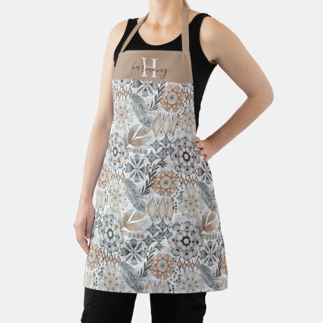 Monogrammed Terracotta Grey Botanical Boho Pattern Apron (Insitu)