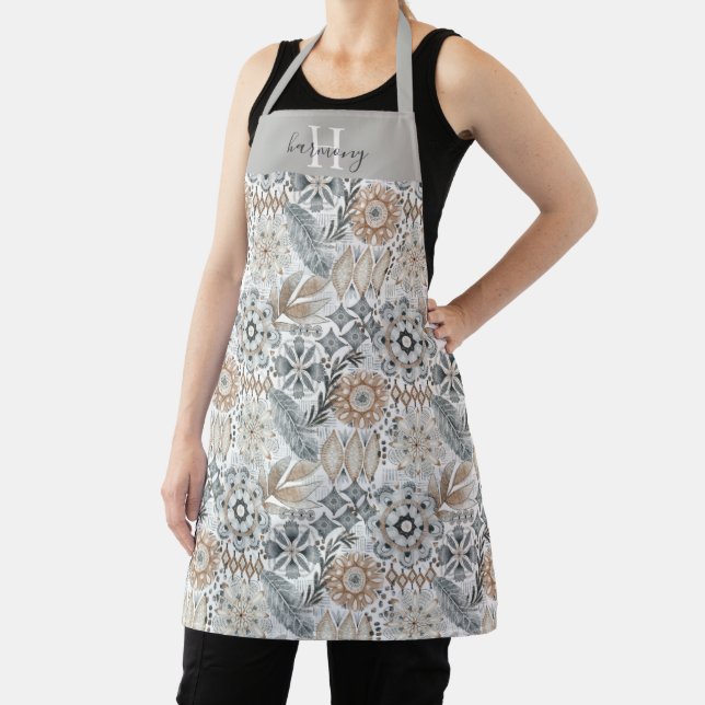 Monogrammed Terracotta Grey Botanical Boho Pattern Apron (Insitu)