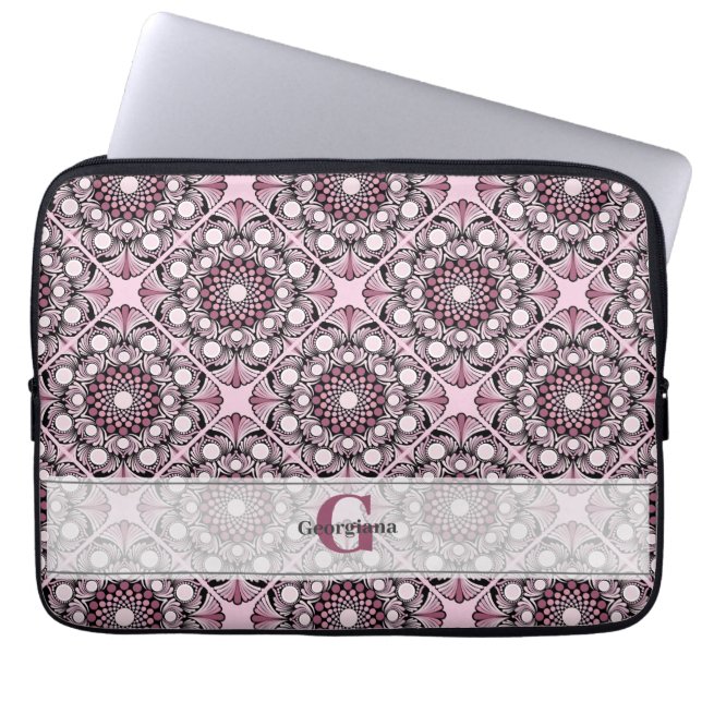 Monogrammed Tile Dusky Rose Cherry Blossom Mandala Laptop Sleeve (Front)