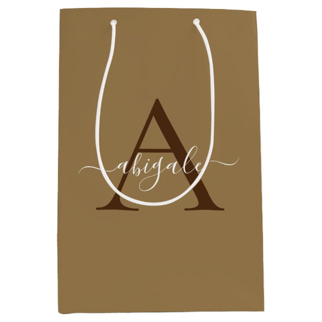 Monogrammed Tortilla Brown Gold | Minimal Elegant Medium Gift Bag (Front)
