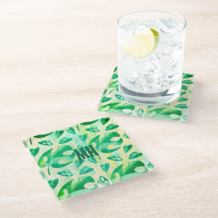 Monogrammed Tropical Green Yellow Monstera Leaf  Glass Coaster