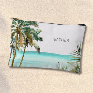 Monogrammed Tropical Palm Tree Leaves Blue Beach Accessory Pouch