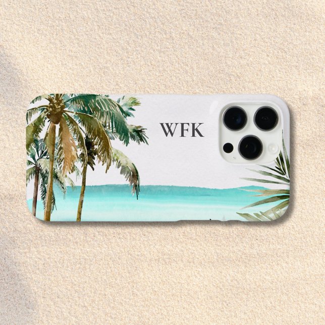 Monogrammed Tropical Palm Tree Leaves Blue Beach Case-Mate iPhone Case (Close up)