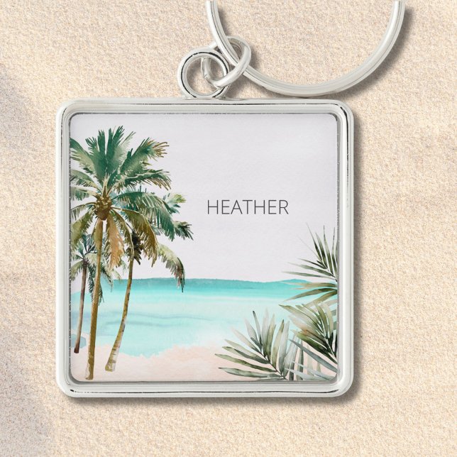 Monogrammed Tropical Palm Tree Leaves Blue Beach Key Ring (In situ)