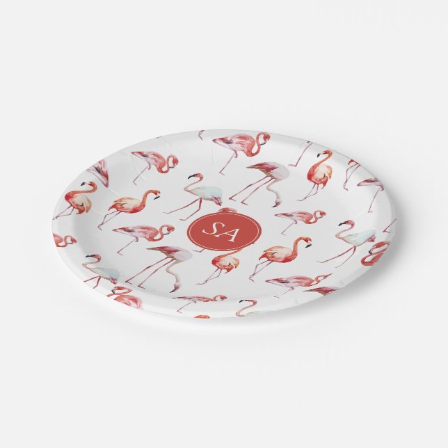 Monogrammed Tropical Pink Flamingo Watercolor Paper Plate (Angled)