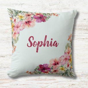 Monogrammed Tropical Pink Flowers Floral Botanical Cushion
