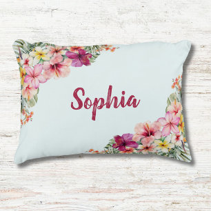 Monogrammed Tropical Pink Flowers Floral Botanical Decorative Cushion