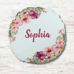 Monogrammed Tropical Pink Flowers Floral Botanical Round Cushion