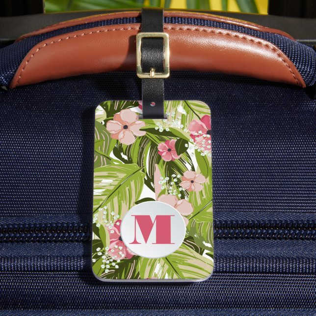 Monogrammed Tropical Plants Floral Pattern Luggage Tag (Front Insitu 2)